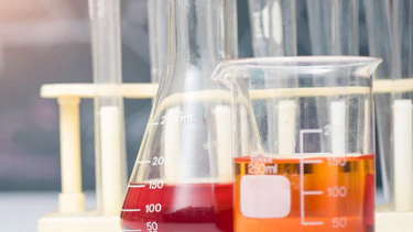 Wissenschaftliches Experiment Bechergläser mit oranger und roter Flüssigkeit