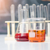 Wissenschaftliches Experiment Bechergläser mit oranger und roter Flüssigkeit